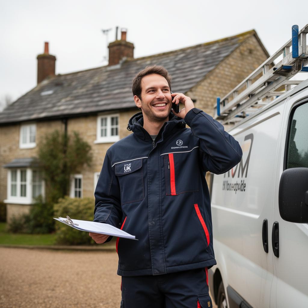 Friendly UK roofer from Mastery Homes taking a customer call beside the work van