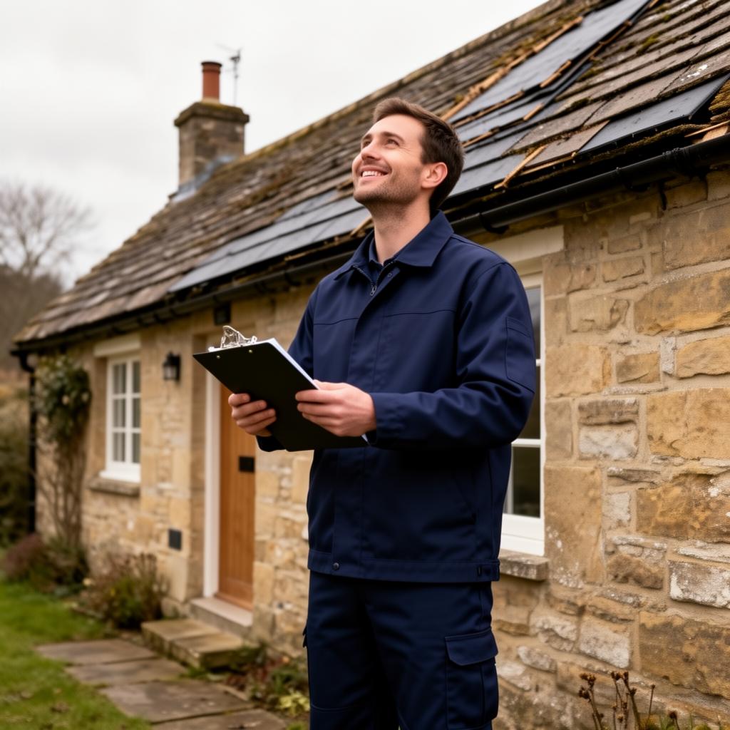 Friendly UK roofer from Mastery Homes taking a customer call beside the work van