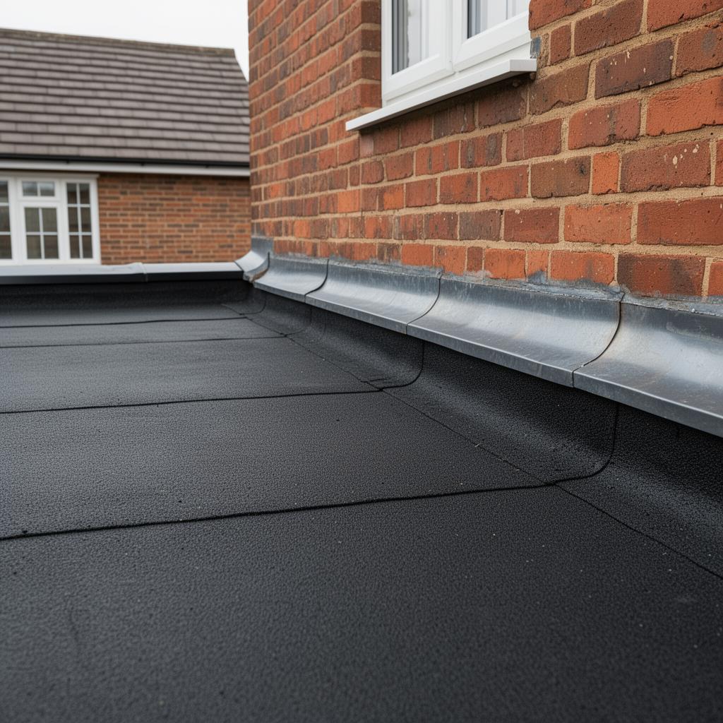 Newly installed black EPDM rubber flat roof on a UK extension with lead flashing
