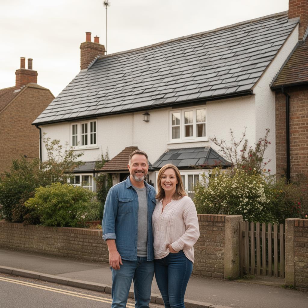 Happy British homeowners standing in front of their newly re-roofed UK home