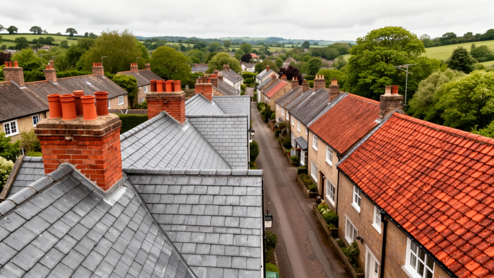 Aerial view of a British residential street with slate and clay tile roofs in the West Midlands