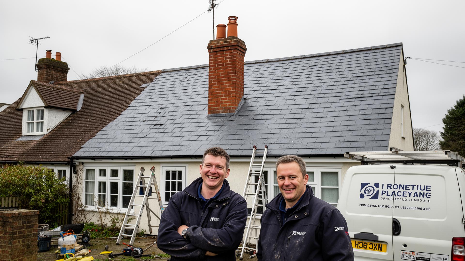 The Mastery Homes UK roofing team in front of a finished British home with new slate roof