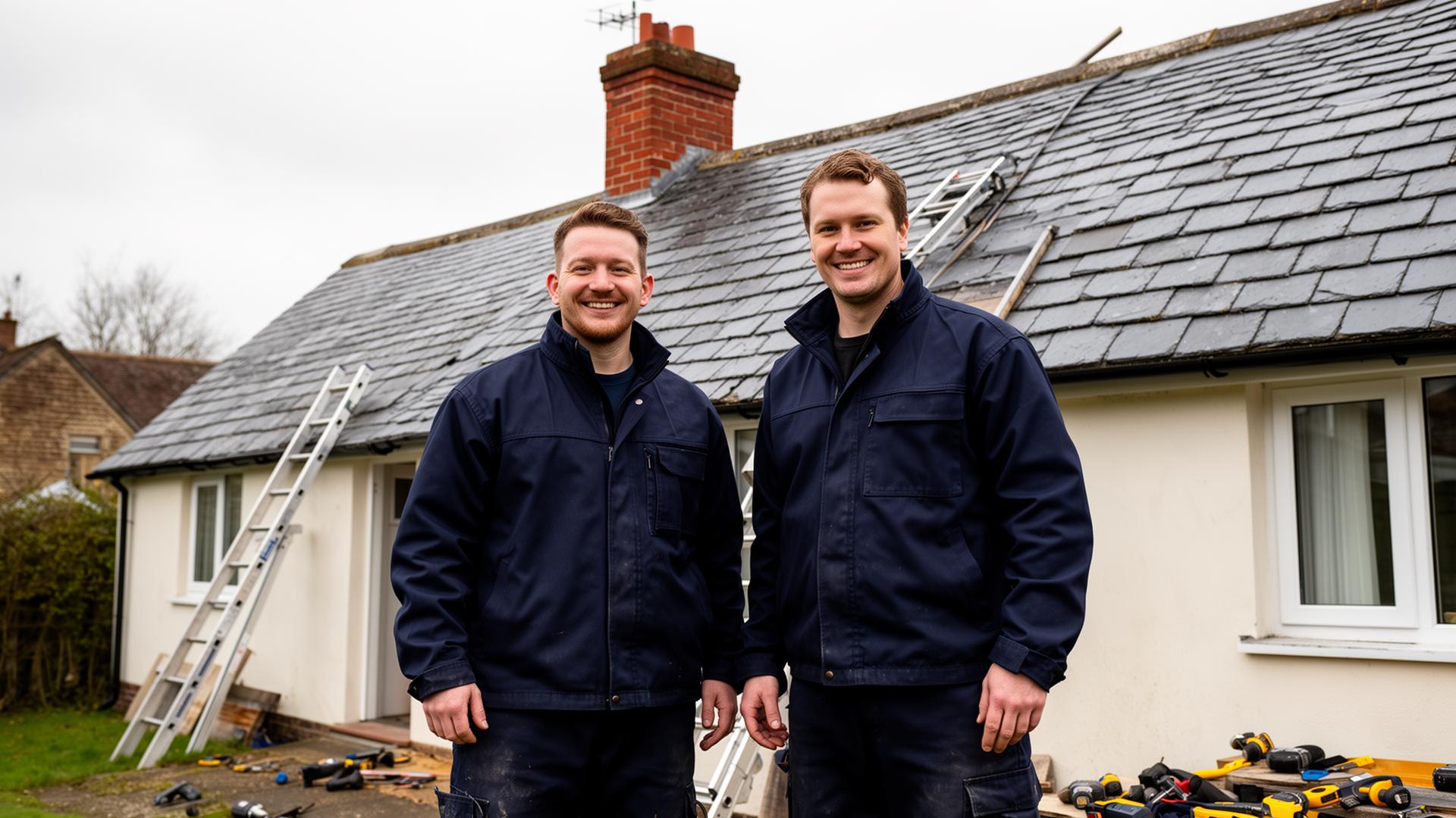 The Mastery Homes UK roofing team in front of a finished British home with new slate roof